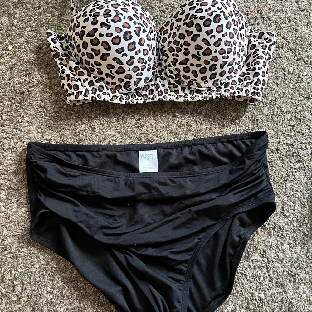Kona Sol Brown and Black Bikini Set with Ruched Details